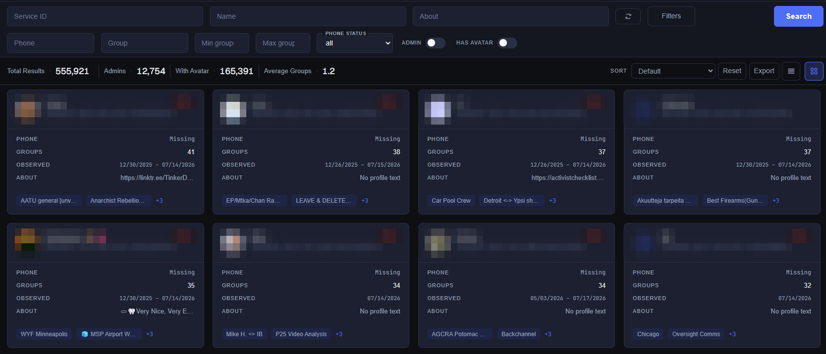 Signal Users profile search with filters and result cards