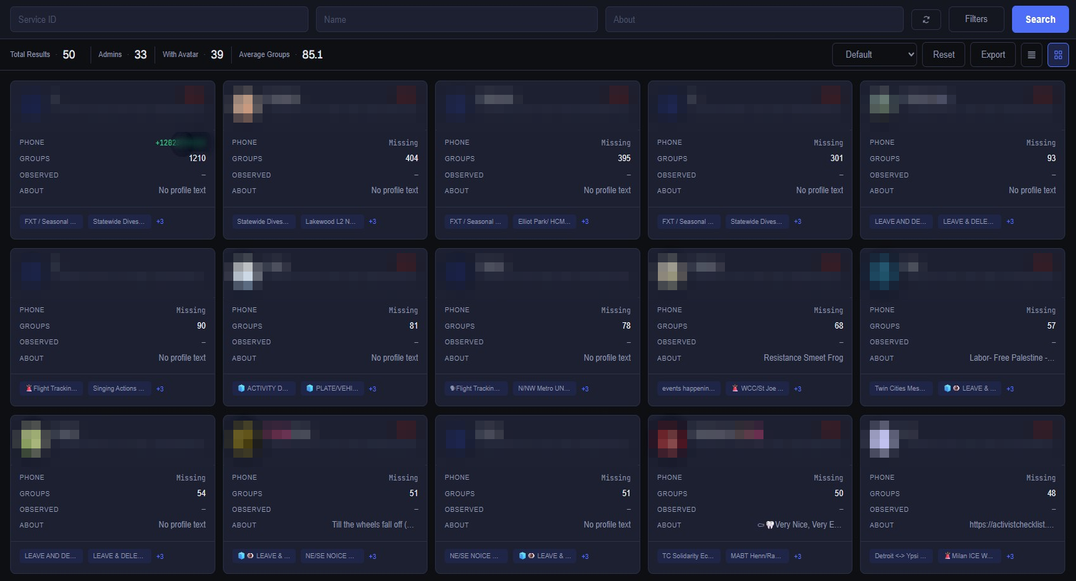 Signal Users dashboard showing profile search results